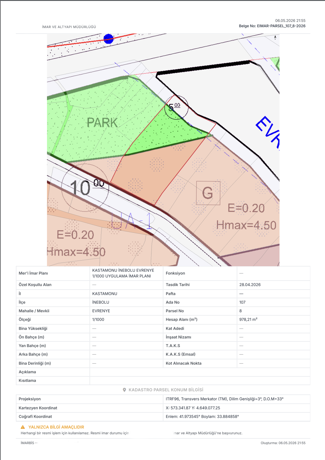 İMARBİS — A4 e-imar belgesi PDF örneği (parsel haritası, ada/parsel, alan, fonksiyon, plan)